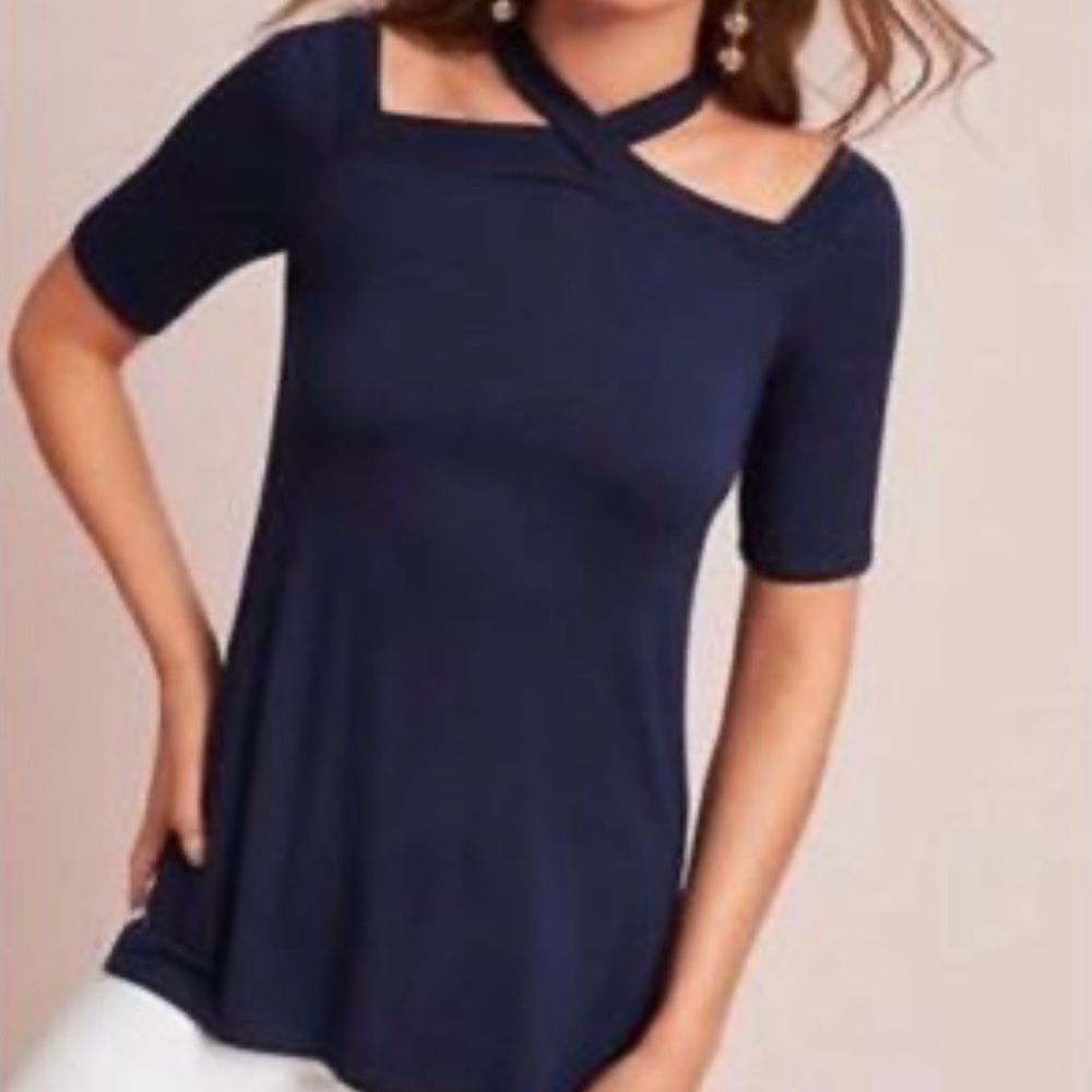 Anthropologie Short-Sleeved Navy Knit Tunic With Cute Strap Neck Details L